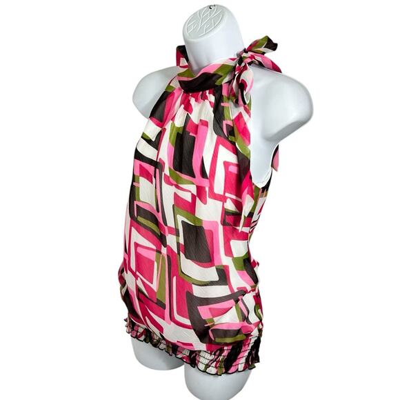 Heart Soul Sleeveless Blouse Sz Small Colorful Smocked Waist Neck Tie Top Lined - Picture 4 of 7